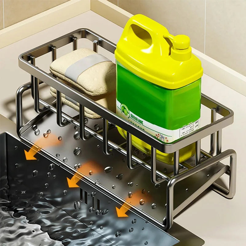 Life & Living Co. Kitchen Sink Organizer with Tilted Draining Tray – Carbon Steel Sponge & Brush Holder