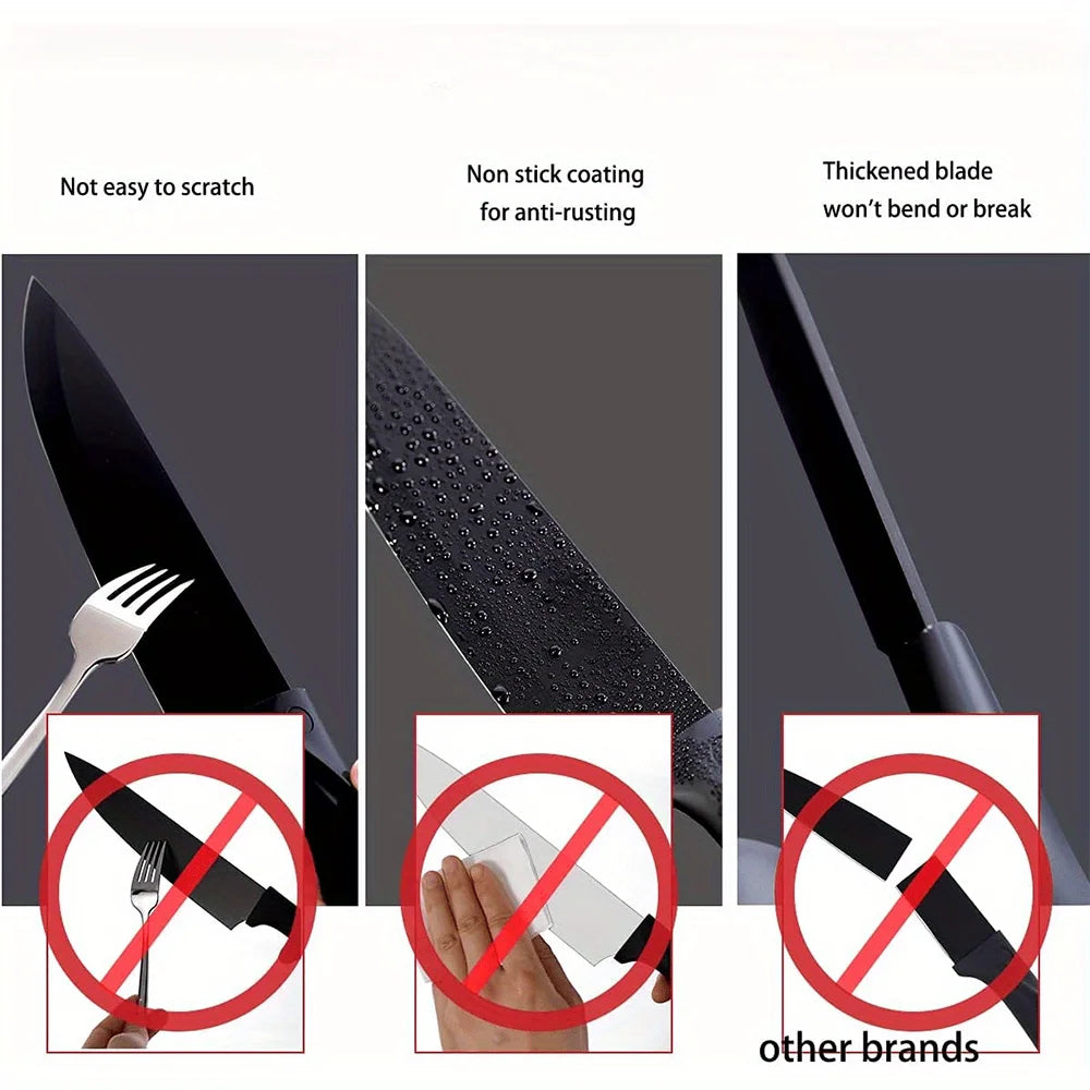 Life & Living Co. 7-Piece Black Stainless Steel Knife Set with Holder – Rust-Proof Complete Kitchen Knife Block Set