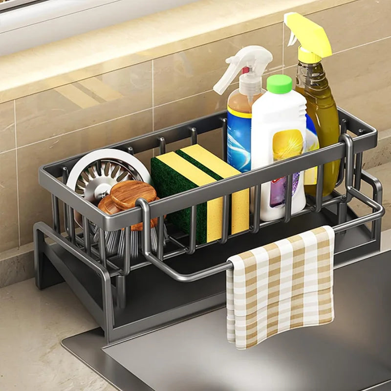 Life & Living Co. Kitchen Sink Organizer with Tilted Draining Tray – Carbon Steel Sponge & Brush Holder