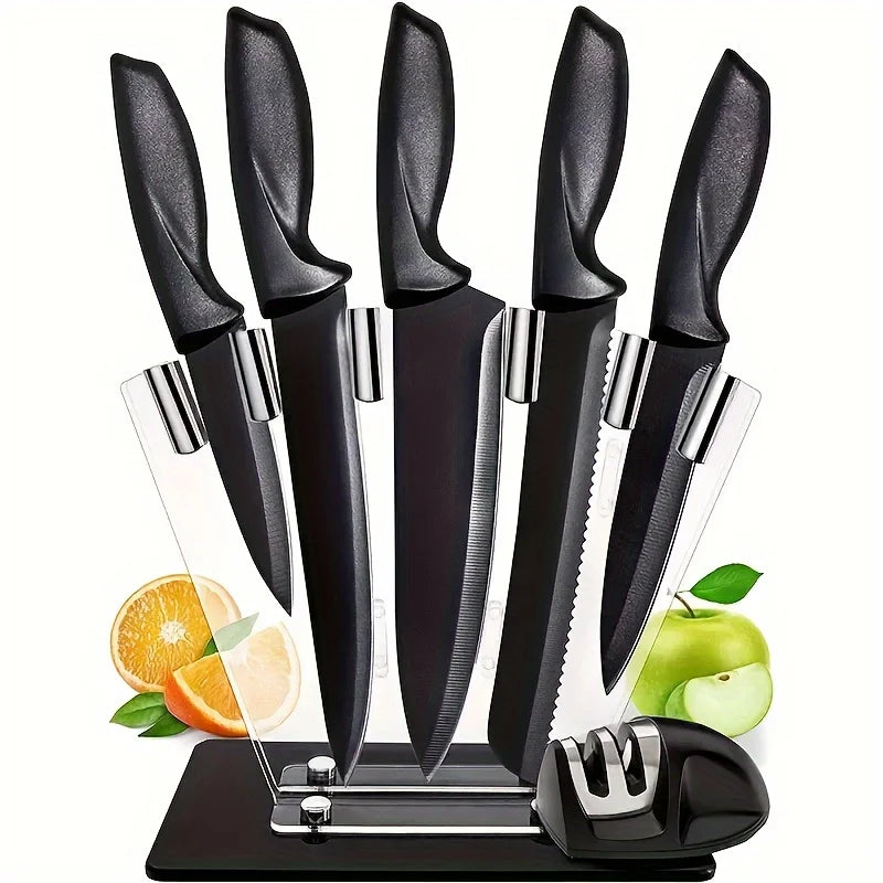 Life & Living Co. 7-Piece Black Stainless Steel Knife Set with Holder – Rust-Proof Complete Kitchen Knife Block Set