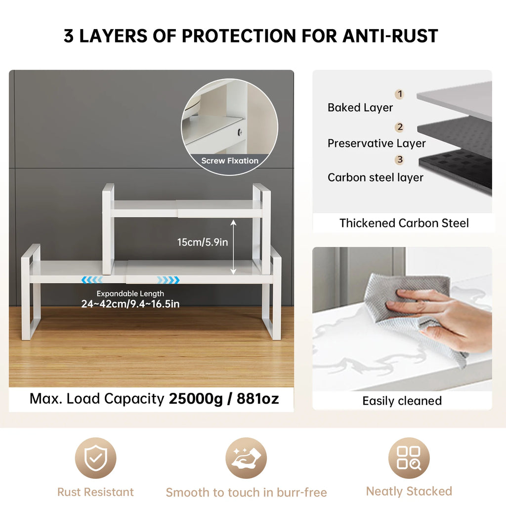 Life & Living Co. Extendable Under-Sink Storage Rack – Adjustable Metal Organizer for Kitchen & Bathroom Cabinets