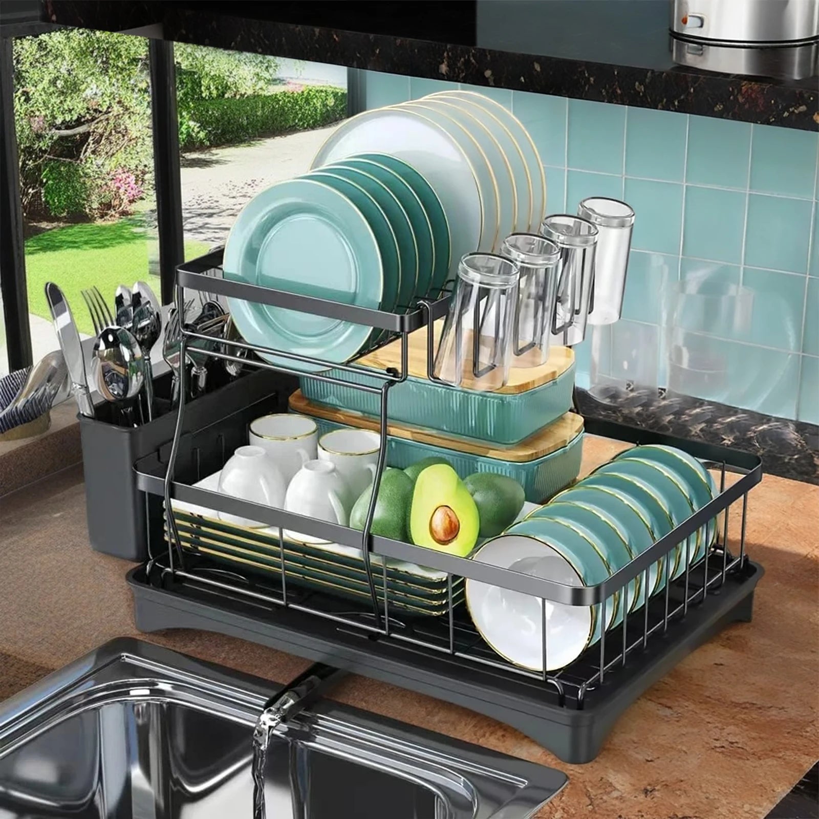 Life & Living Co. 2-Tier Dish Drying Rack with Removable Draining Tray – Large Capacity Metal Dish Rack