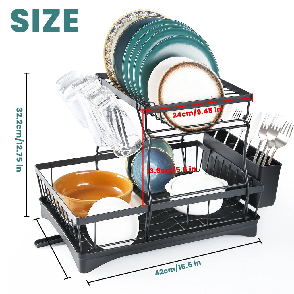 Life & Living Co. 2-Tier Dish Drying Rack with Removable Draining Tray – Large Capacity Metal Dish Rack
