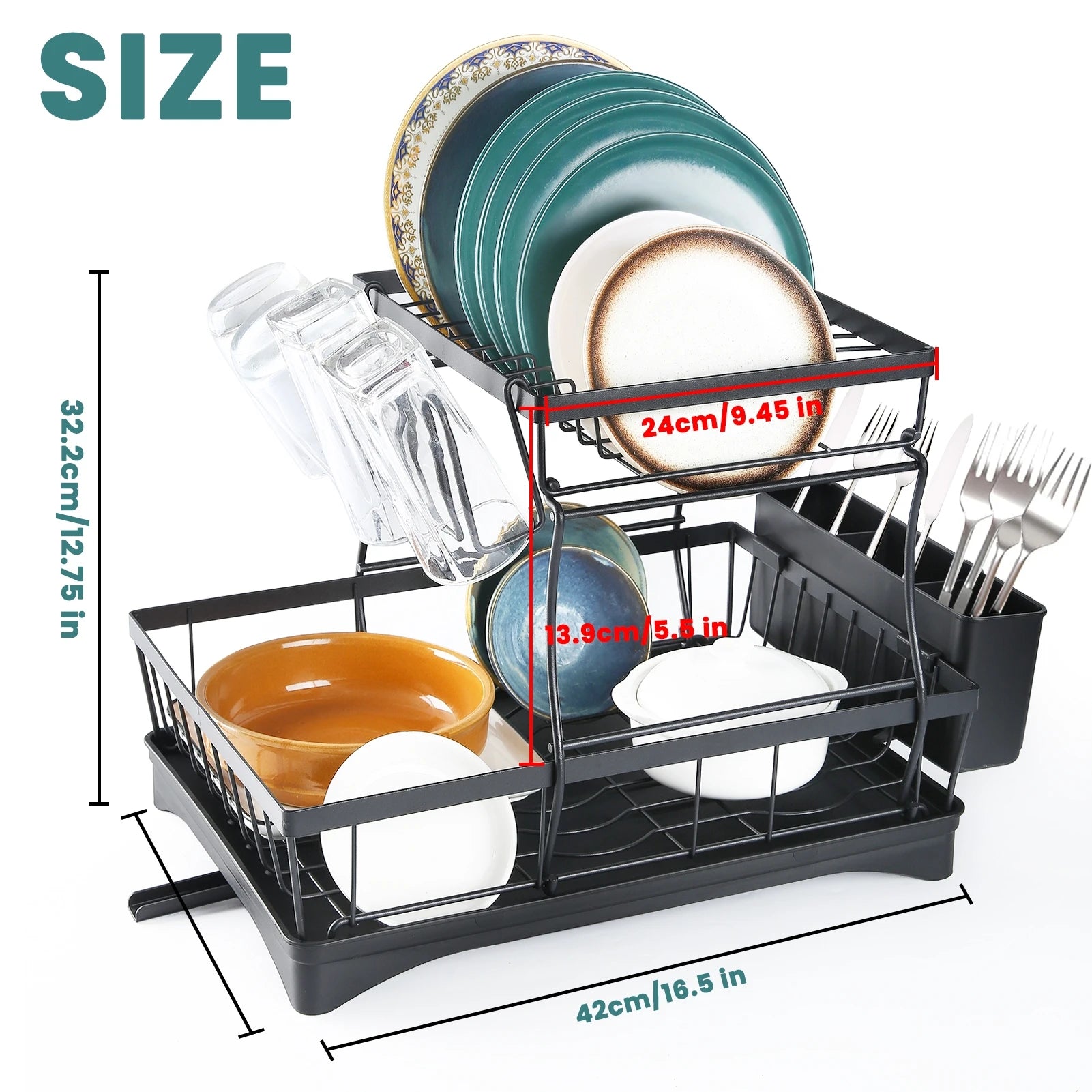 Life & Living Co. 2-Tier Dish Drying Rack with Removable Draining Tray – Large Capacity Metal Dish Rack