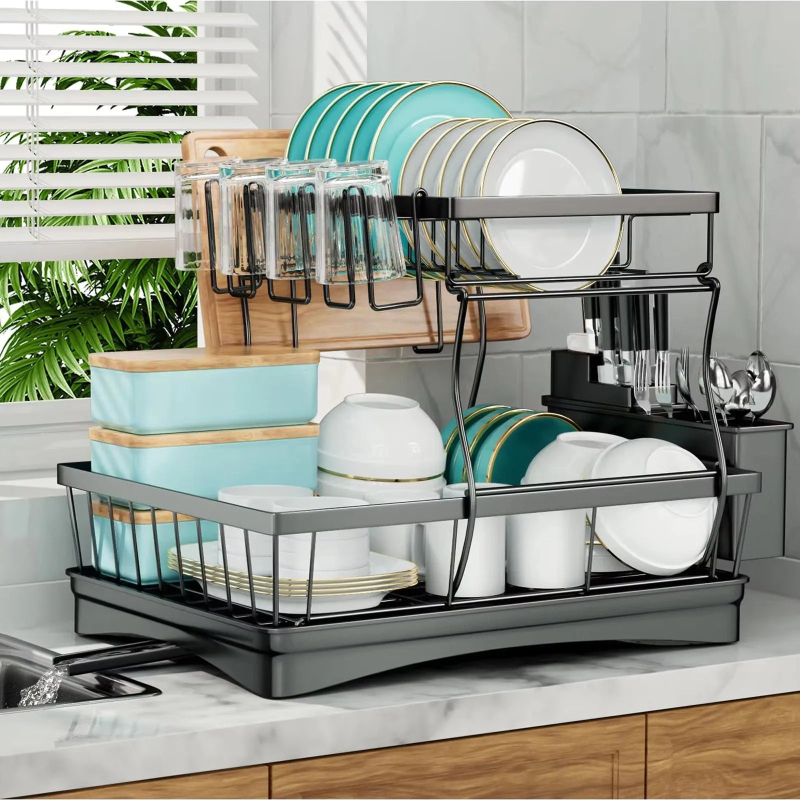 Life & Living Co. 2-Tier Dish Drying Rack with Removable Draining Tray – Large Capacity Metal Dish Rack