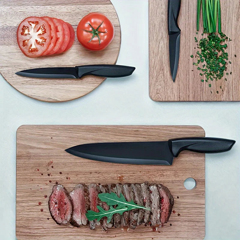 Life & Living Co. 7-Piece Black Stainless Steel Knife Set with Holder – Rust-Proof Complete Kitchen Knife Block Set