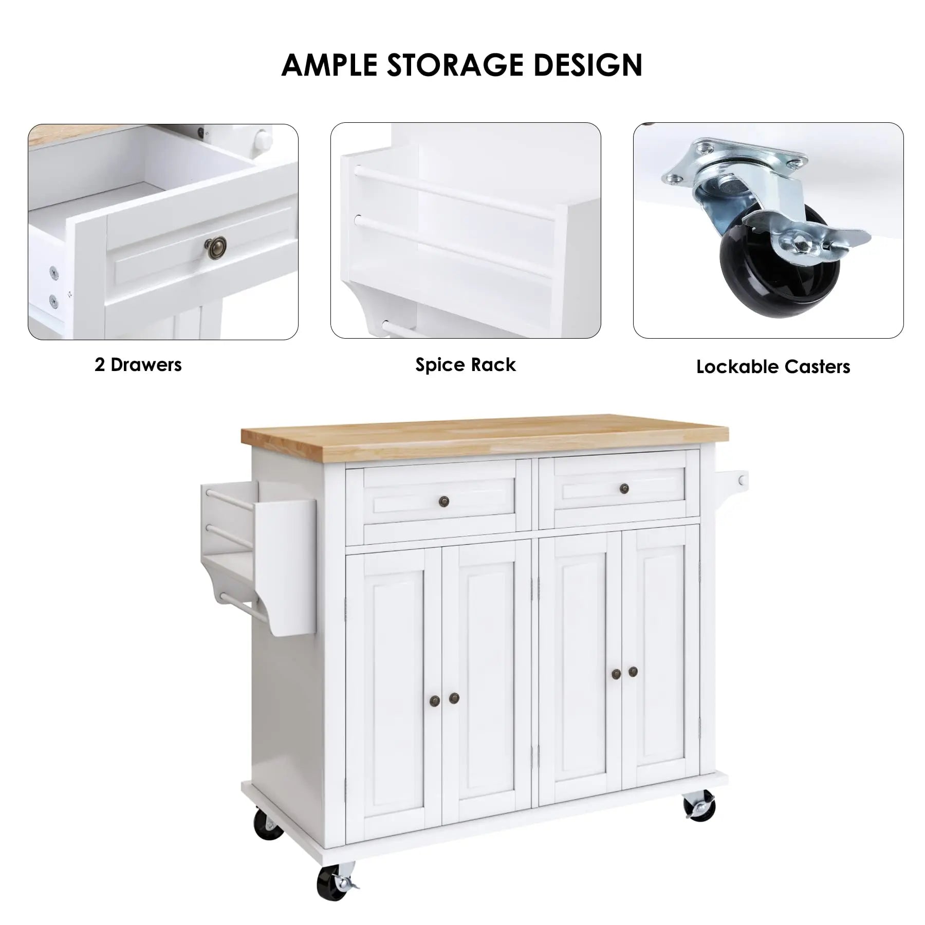 Life & Living Co. Rolling Kitchen Island Cart with Storage & Drawers – Farmhouse Style Mobile Kitchen Island