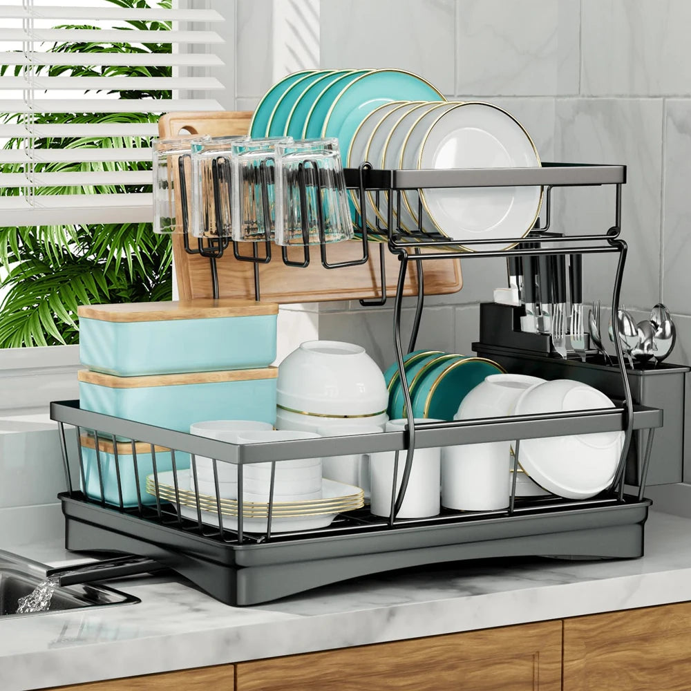 Life & Living Co. 2-Tier Dish Drying Rack with Removable Draining Tray – Large Capacity Metal Dish Rack