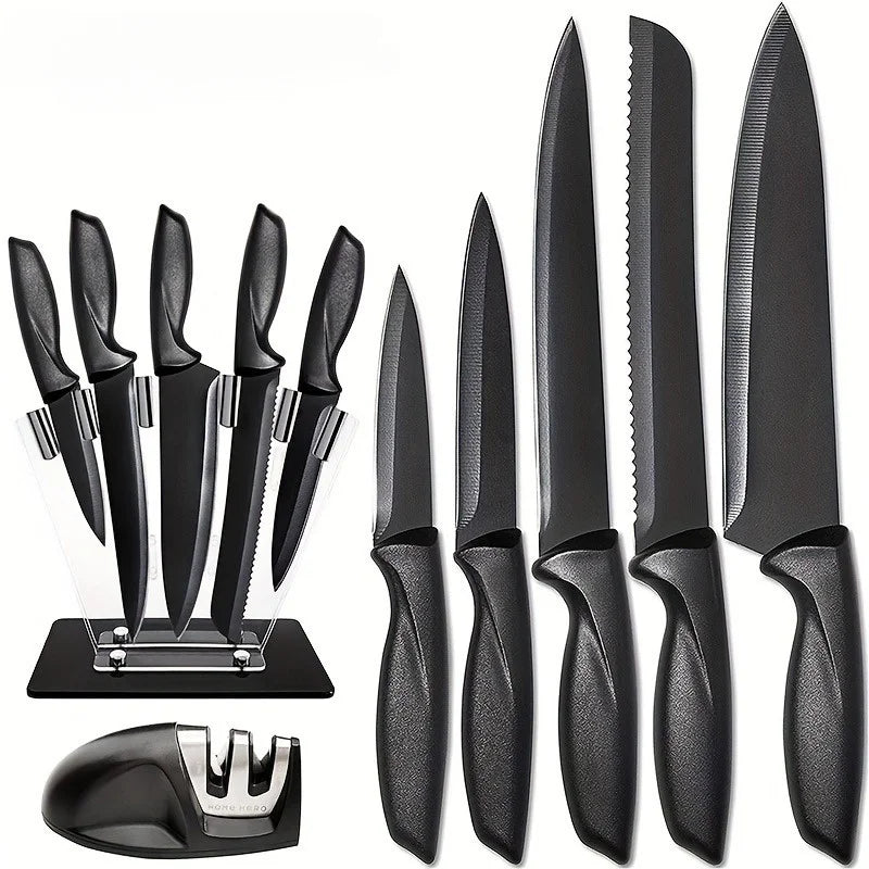 Life & Living Co. 7-Piece Black Stainless Steel Knife Set with Holder – Rust-Proof Complete Kitchen Knife Block Set