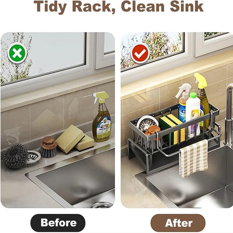 Life & Living Co. Kitchen Sink Organizer with Tilted Draining Tray – Carbon Steel Sponge & Brush Holder