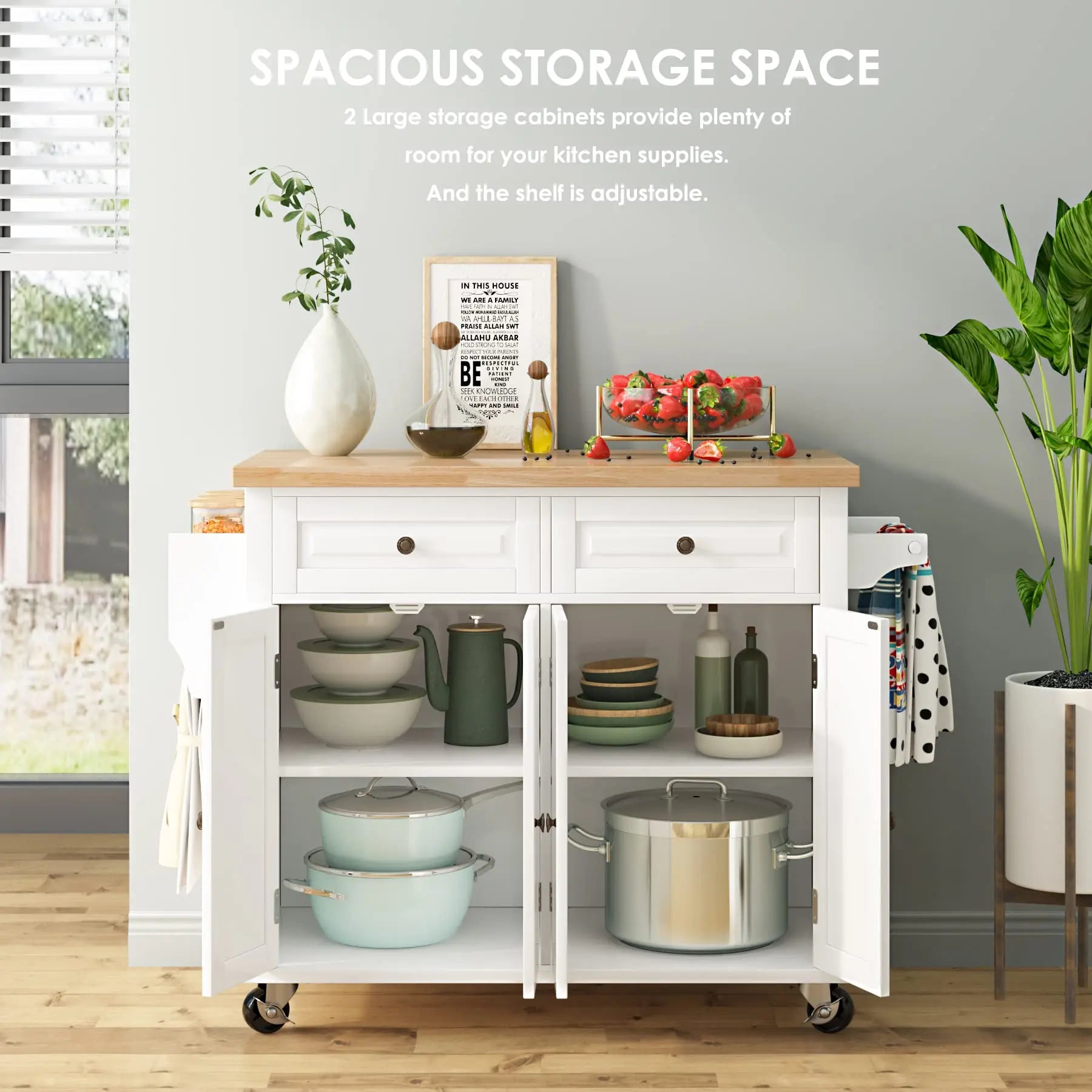 Life & Living Co. Rolling Kitchen Island Cart with Storage & Drawers – Farmhouse Style Mobile Kitchen Island