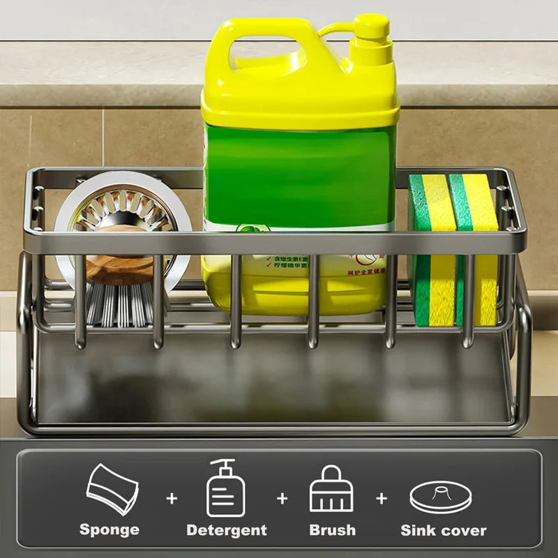 Life & Living Co. Kitchen Sink Organizer with Tilted Draining Tray – Carbon Steel Sponge & Brush Holder