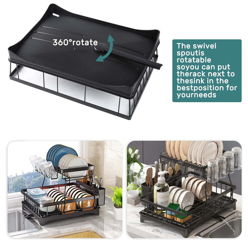 Life & Living Co. 2-Tier Dish Drying Rack with Removable Draining Tray – Large Capacity Metal Dish Rack