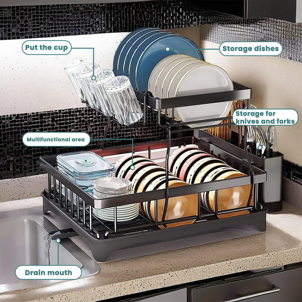 Life & Living Co. 2-Tier Dish Drying Rack with Removable Draining Tray – Large Capacity Metal Dish Rack
