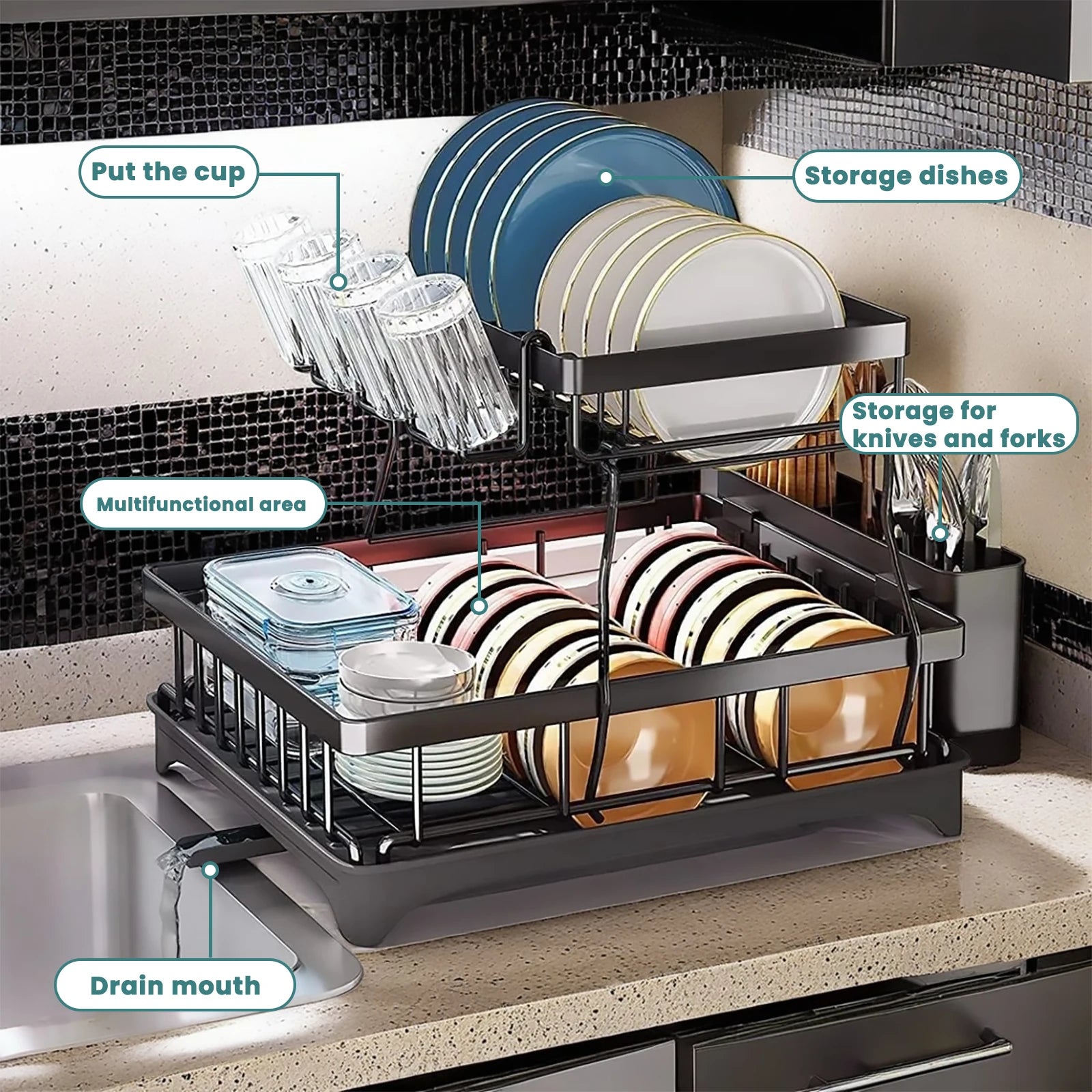 Life & Living Co. 2-Tier Dish Drying Rack with Removable Draining Tray – Large Capacity Metal Dish Rack
