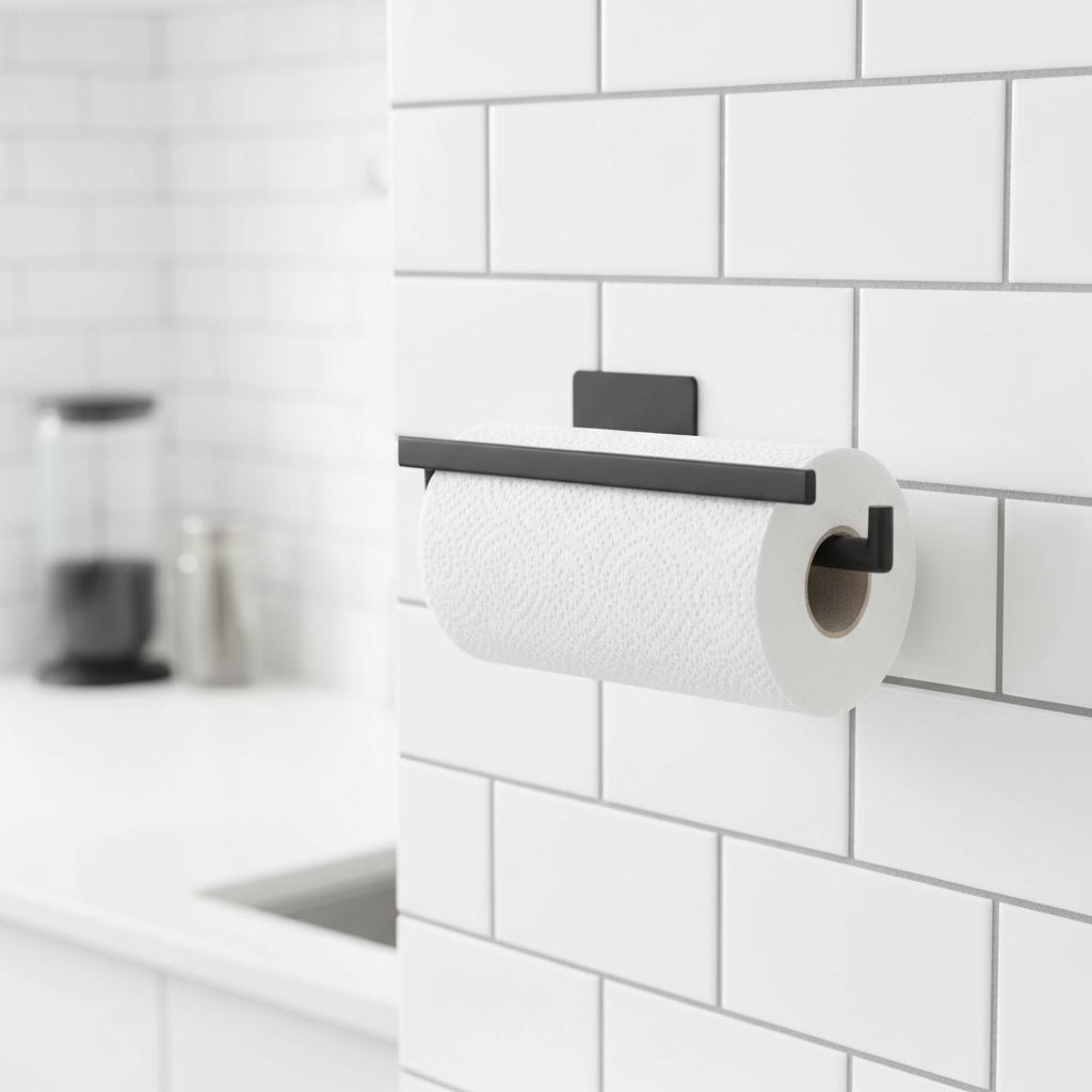 Black metal adhesive paper towel holder mounted on white kitchen tile wall